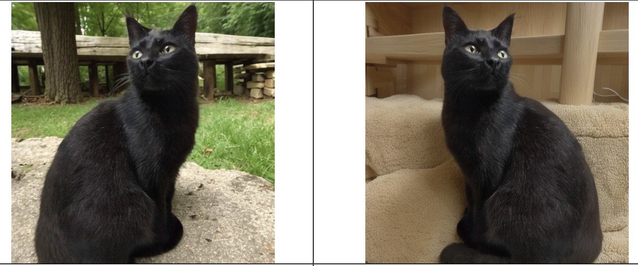 Two images of a the same black cat in an AI generated background, one is inside a home and the other is outside